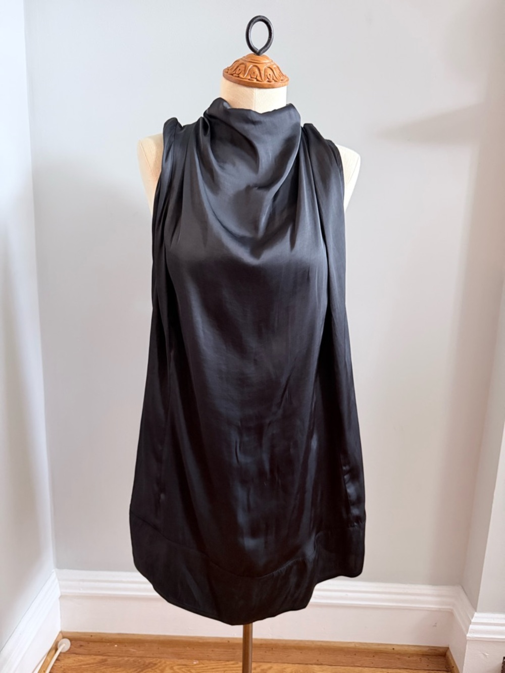 Free People Black Satin Draped High-Neck Blouse